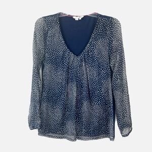 BODEN Navy Blue Polka Dot V Neck Long Sleeve Chiffon Blouse Size 4 Career Preppy